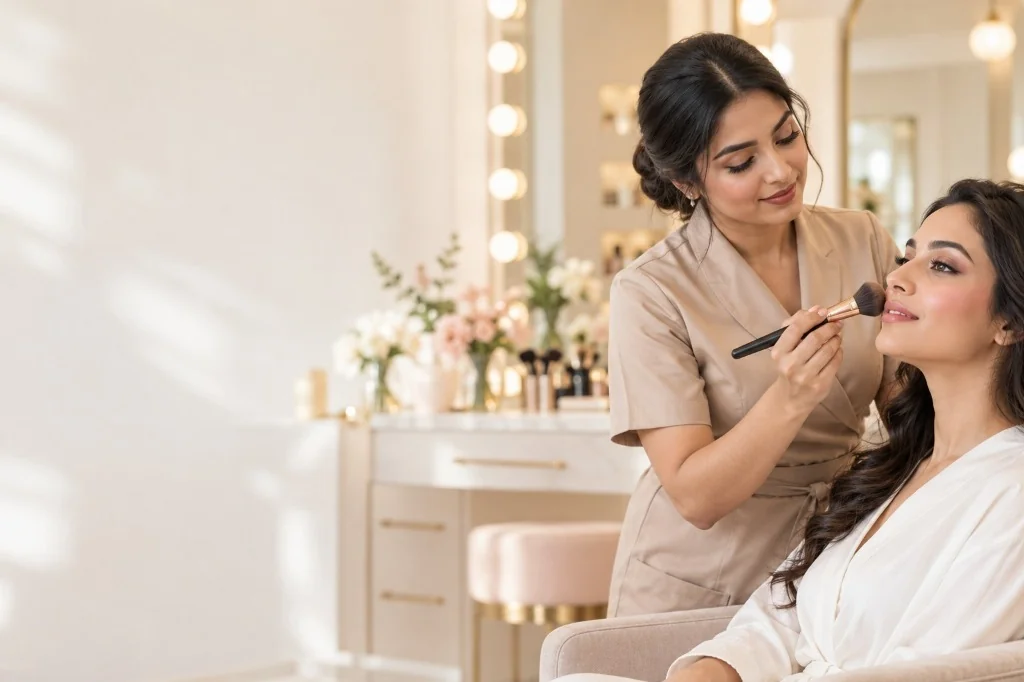 Professional makeup artist applying makeup to client – Mr.Helper beauty services